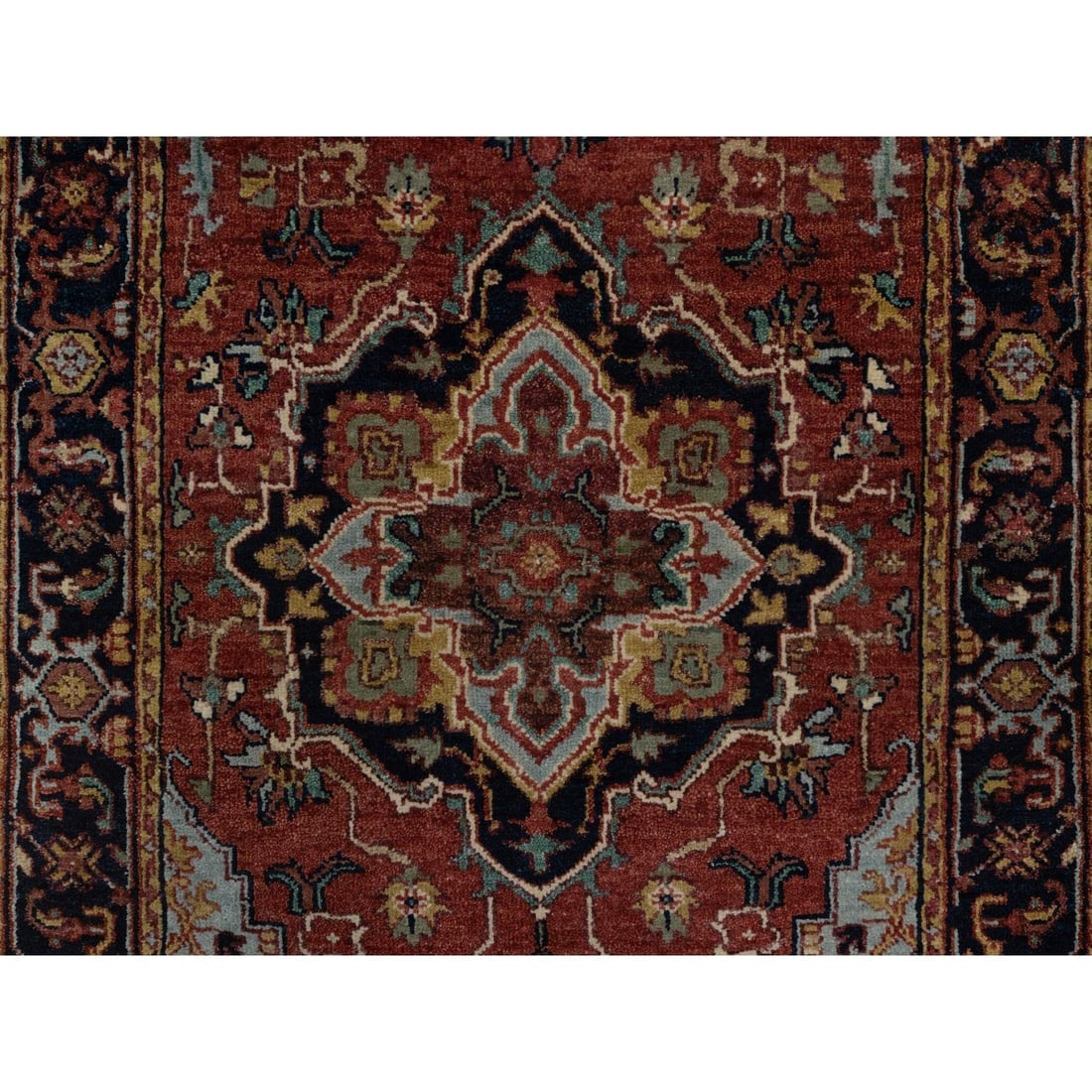 Brick Red Antiqued Fine Heriz Re-Creation Hand Knotted Wool Runner Rug - 5