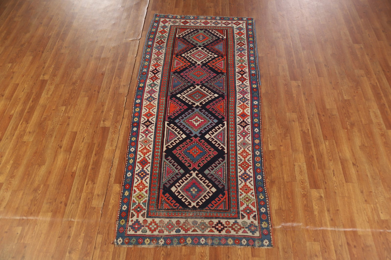 Pre-1900 Antique Kazak Vegetable Dye Runner Rug 3x7 - 3