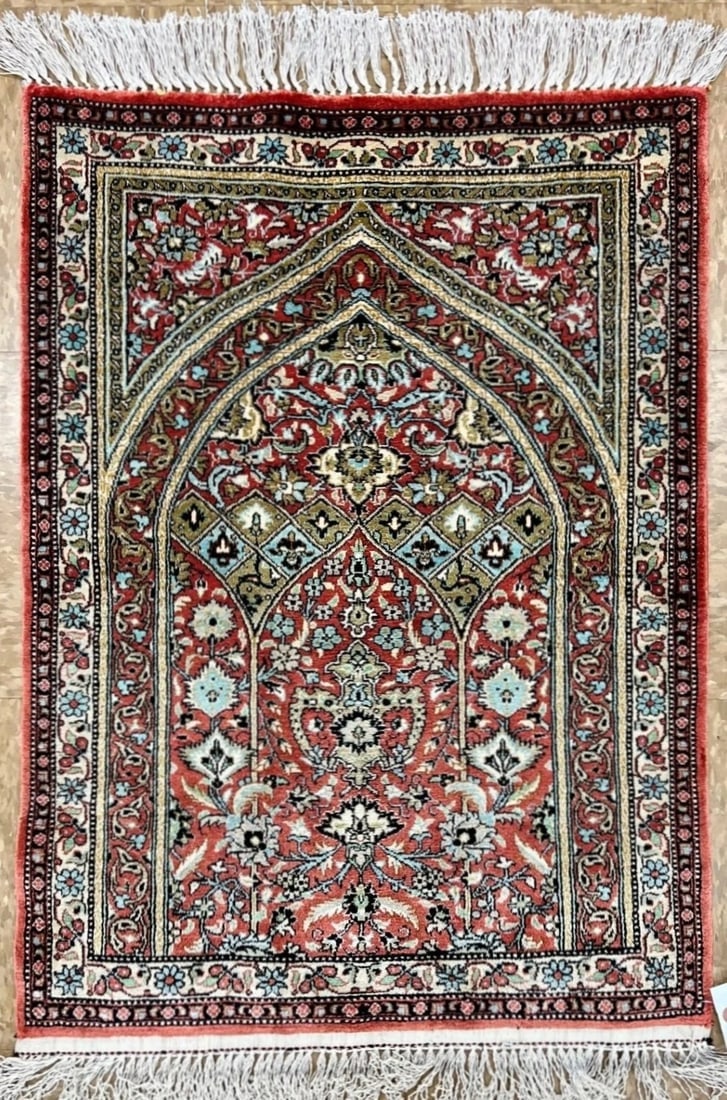 Hand-Knotted Persian Qum 100% Silk Semi-Antique Islamic Prayer Oriental Rug 2'2"x2'10" - 7
