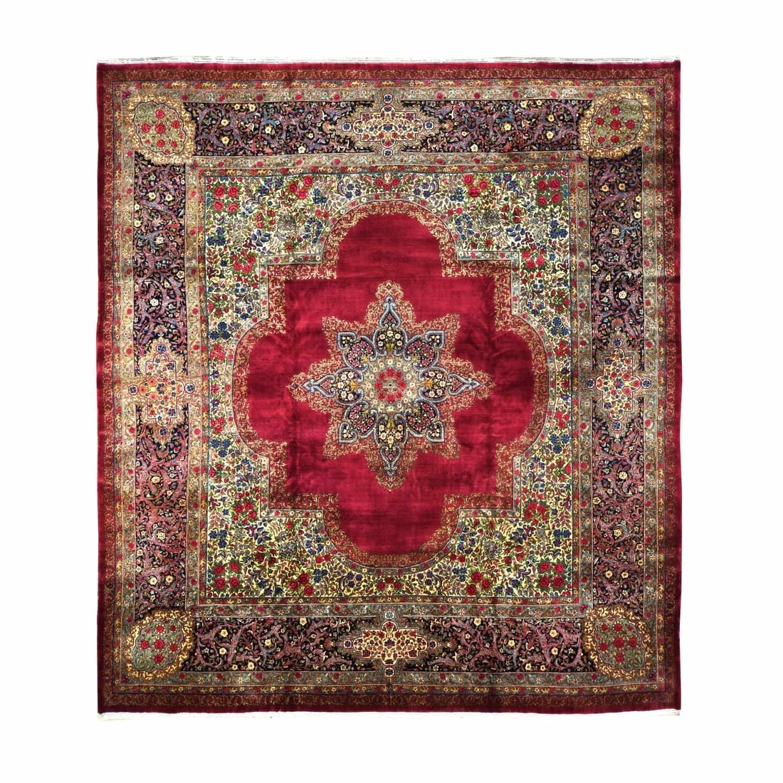 Red, Antique Persian Kerman, 350 KPSI Hand Knotted Wool Square Rug: Title: Red, Antique Persian Kerman, 350 KPSI Hand Knotted Wool Square Rug Description:This is a truly genuine one-of-a-kind. It has been Knotted for months and months in the centuries-old weaving craf
