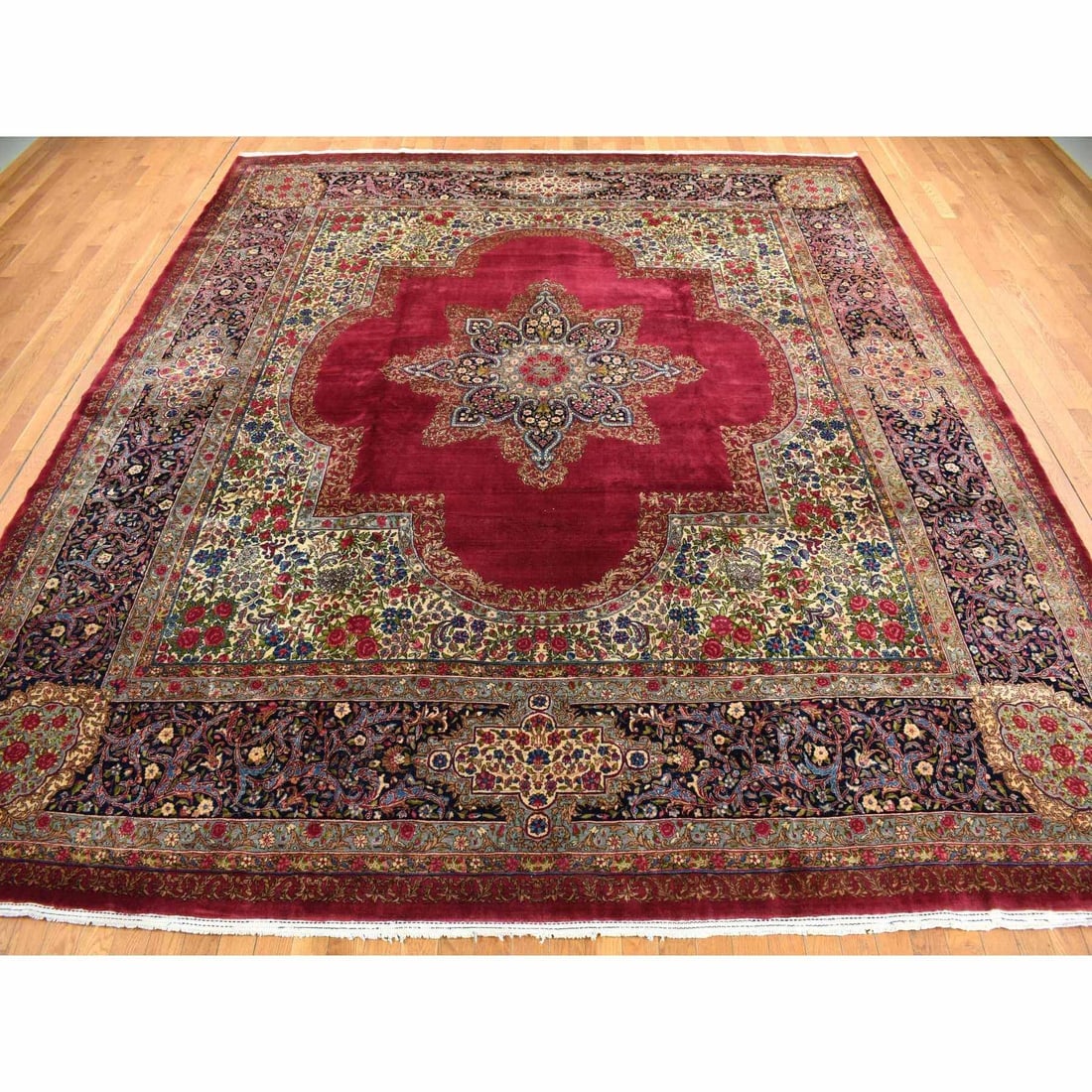 Red, Antique Persian Kerman, 350 KPSI Hand Knotted Wool Square Rug - 2