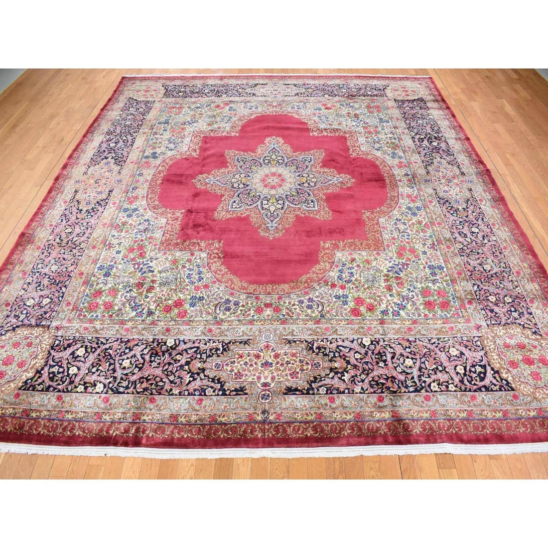Red, Antique Persian Kerman, 350 KPSI Hand Knotted Wool Square Rug - 3