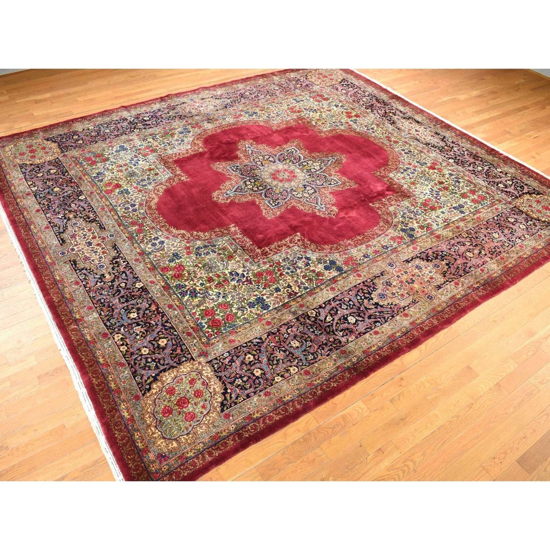 Red, Antique Persian Kerman, 350 KPSI Hand Knotted Wool Square Rug - 4