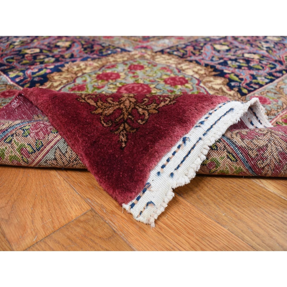 Red, Antique Persian Kerman, 350 KPSI Hand Knotted Wool Square Rug - 6