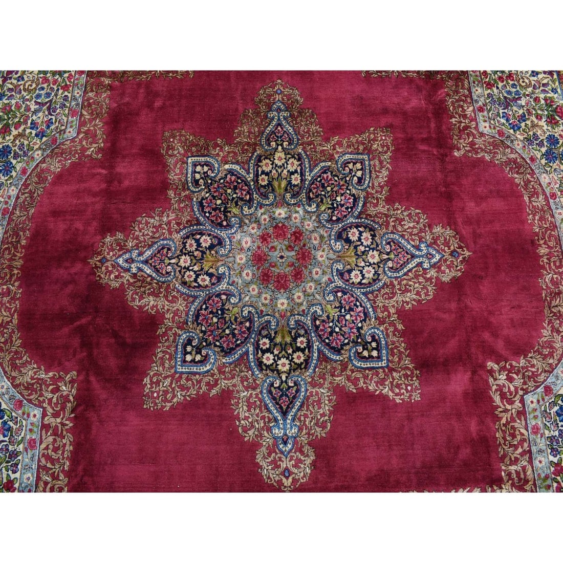 Red, Antique Persian Kerman, 350 KPSI Hand Knotted Wool Square Rug - 8