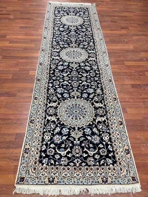 Vintage Persian Nain Runner-5070: Title:Vintage Persian Nain Runner-5070 Description:Beautiful fine quality blue fiels floral desin Vintage Persian nain runner from central persia, size 2 ft. 11 inches by 9 ft. 10 inches, circa 1990,