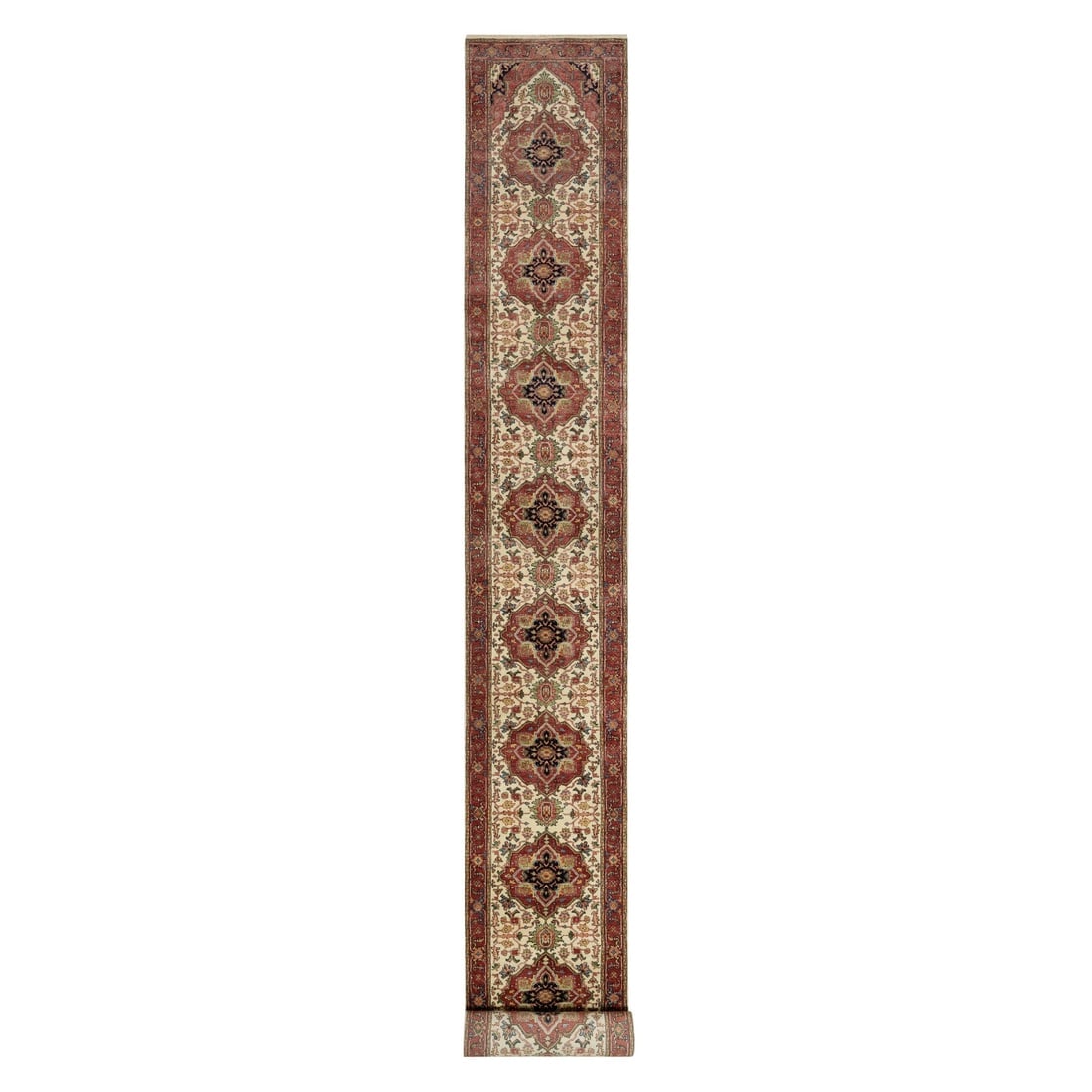 Ivory Hand Knotted Antiqued Fine Heriz Re-Creation Wool Runner Rug: Title: Ivory Hand Knotted Antiqued Fine Heriz Re-Creation Wool Runner Rug Description:This is a truly genuine one-of-a-kind. It has been Knotted for months and months in the centuries-old weaving craf