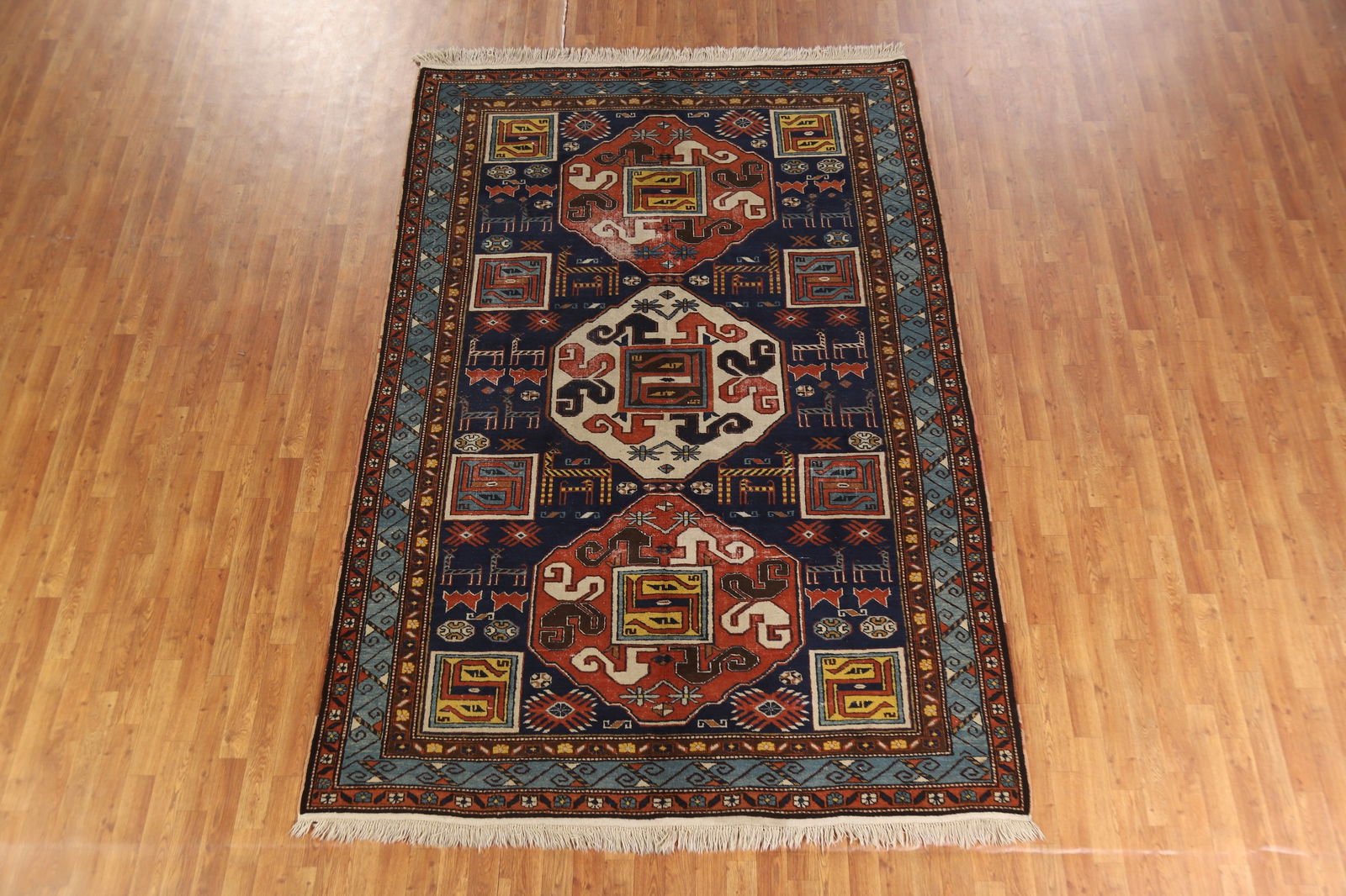 Antique Blue Vegetable Dye Kazak Oriental Area Rug 7x10 - 17