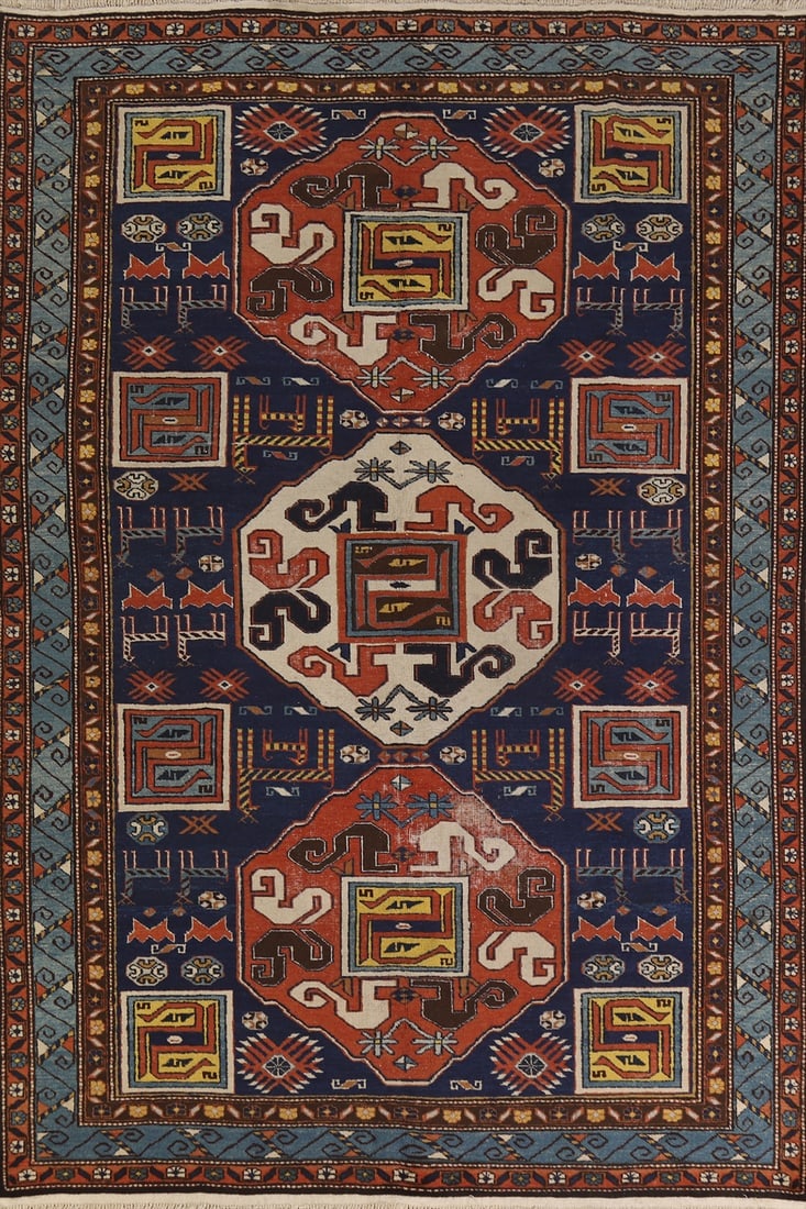 Antique Blue Vegetable Dye Kazak Oriental Area Rug 7x10: Title: Antique Blue Vegetable Dye Kazak Oriental Area Rug 7x10 Description:A Beautiful Genuine Russia Kazak rug is Hand Knotted by skillful weavers in Russia with