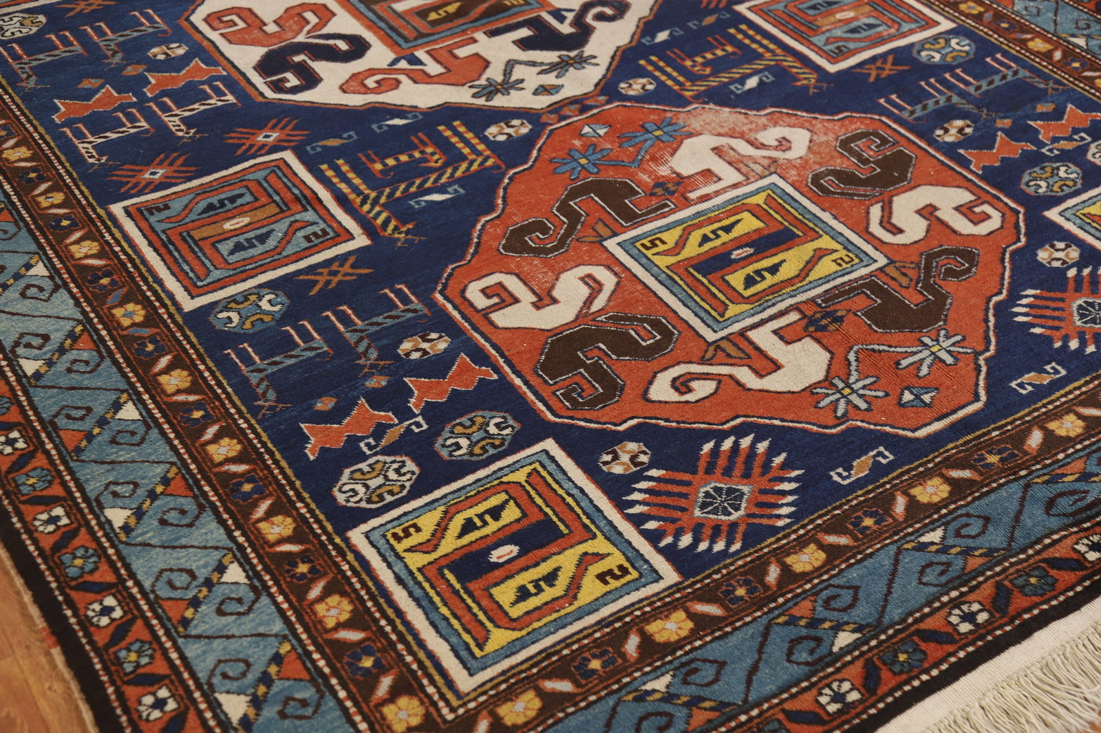 Antique Blue Vegetable Dye Kazak Oriental Area Rug 7x10 - 7