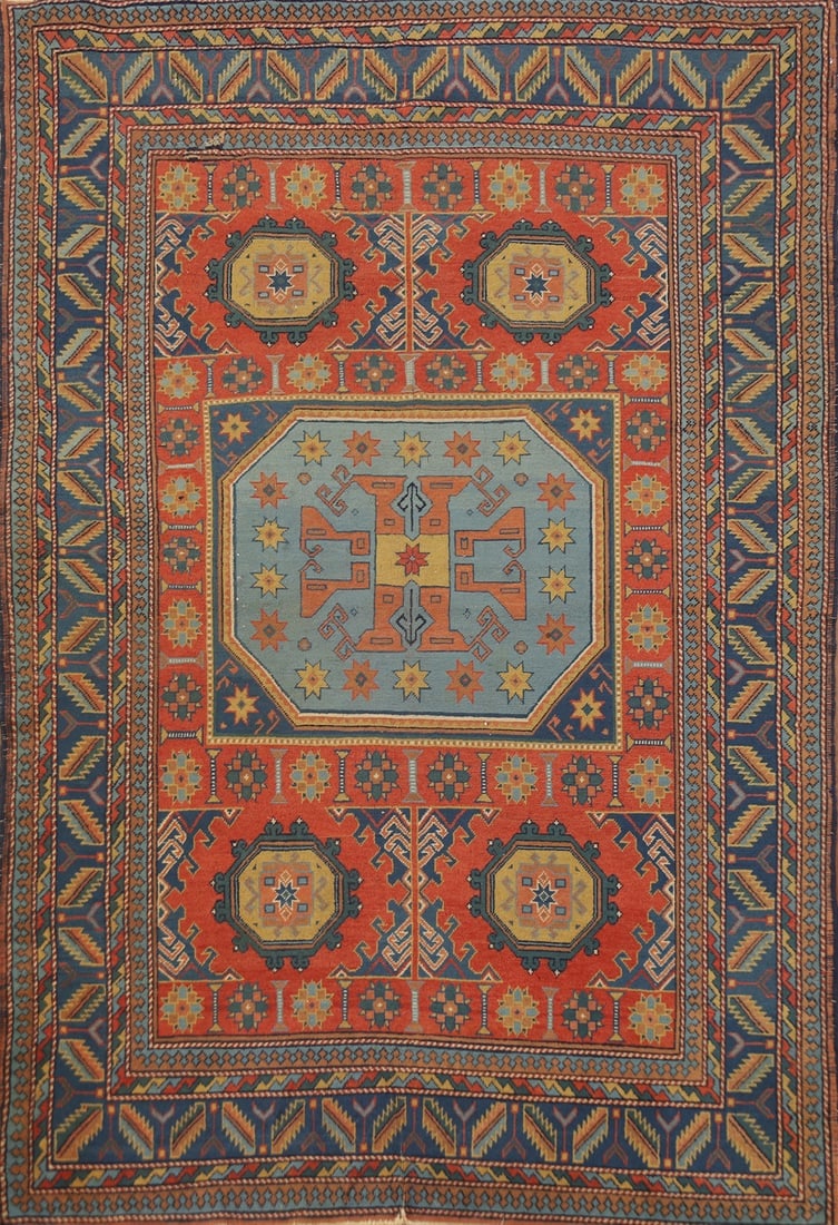 Antique Vegetable Dye Geometric Kazak Oriental Rug 5x7: Title: Antique Vegetable Dye Geometric Kazak Oriental Rug 5x7 Description:A Beautiful Genuine Russia Kazak rug is Hand Knotted by skillful weavers in Russia with