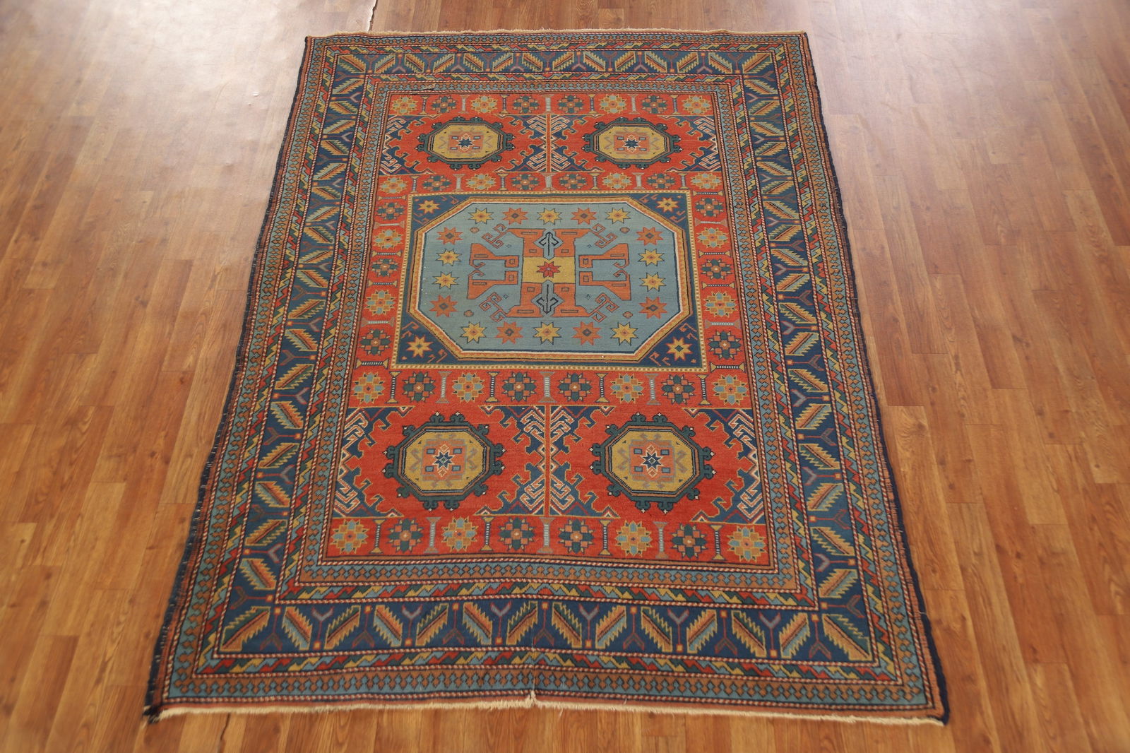 Antique Vegetable Dye Geometric Kazak Oriental Rug 5x7 - 3