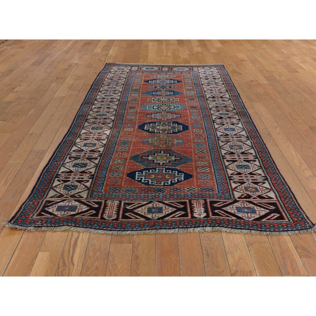 Auburn Red Antique Caucasian Mogan Kazak Hand Knotted Wool Runner Rug - 2