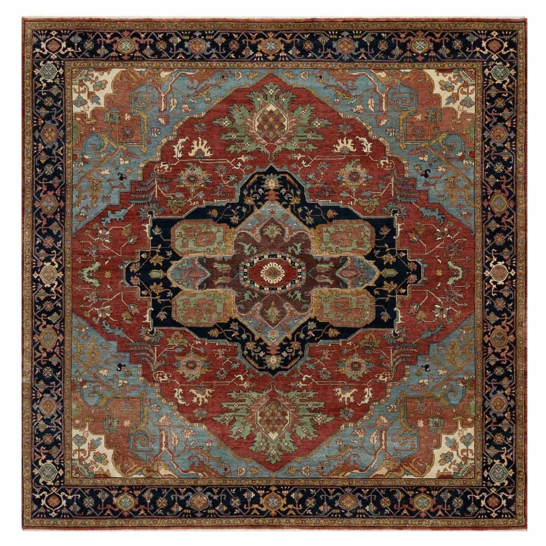 Red Antiqued Fine Heriz Re-Creation Soft Wool Hand Knotted Square Rug: Title: Red Antiqued Fine Heriz Re-Creation Soft Wool Hand Knotted Square RugDescription:This is a truly genuine one-of-a-kind. It has been Knotted for months and months in the centuries-old weaving