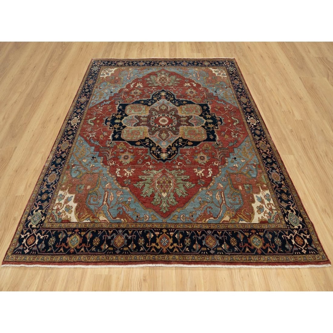 Red Antiqued Fine Heriz Re-Creation Soft Wool Hand Knotted Square Rug - 2