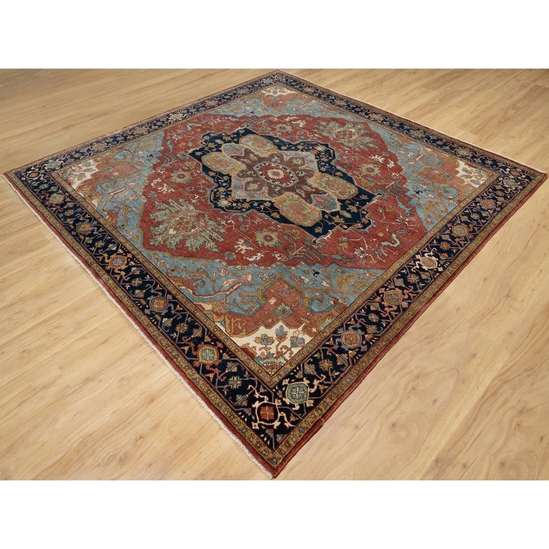 Red Antiqued Fine Heriz Re-Creation Soft Wool Hand Knotted Square Rug - 3