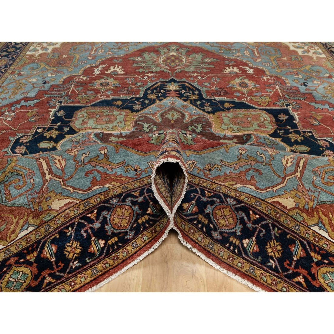 Red Antiqued Fine Heriz Re-Creation Soft Wool Hand Knotted Square Rug - 5