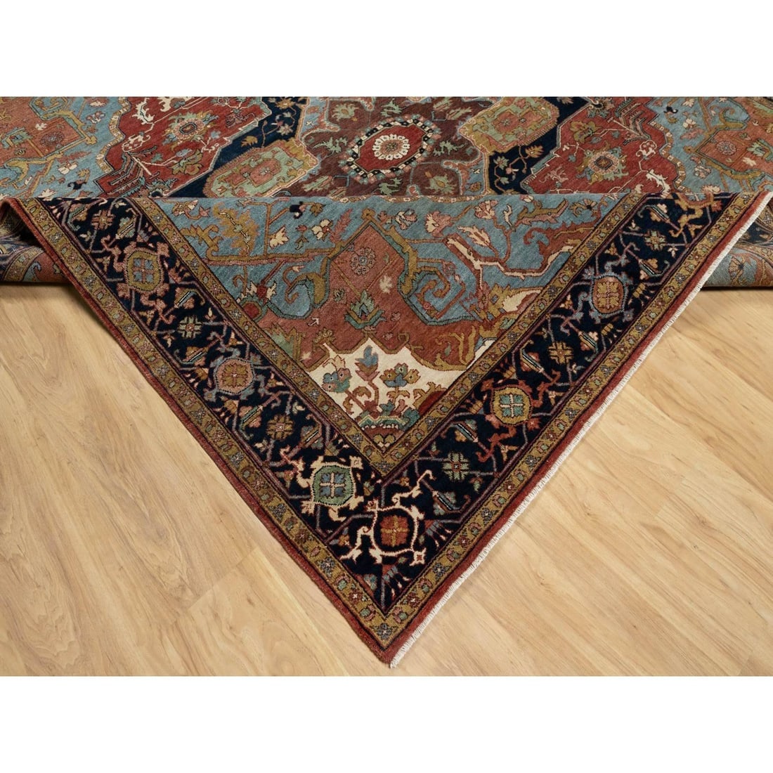 Red Antiqued Fine Heriz Re-Creation Soft Wool Hand Knotted Square Rug - 6