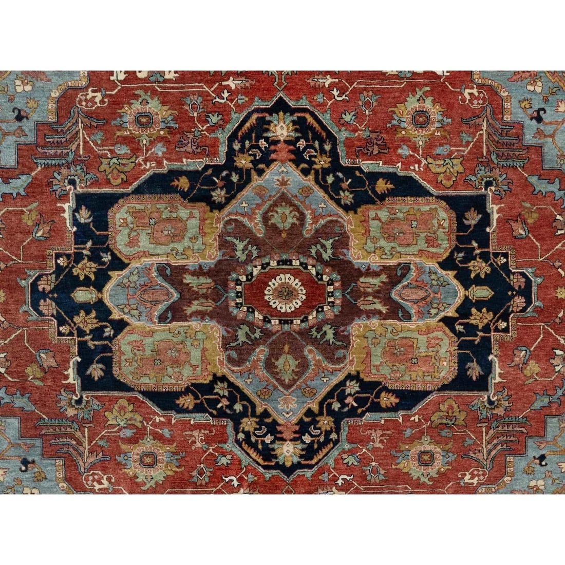 Red Antiqued Fine Heriz Re-Creation Soft Wool Hand Knotted Square Rug - 8