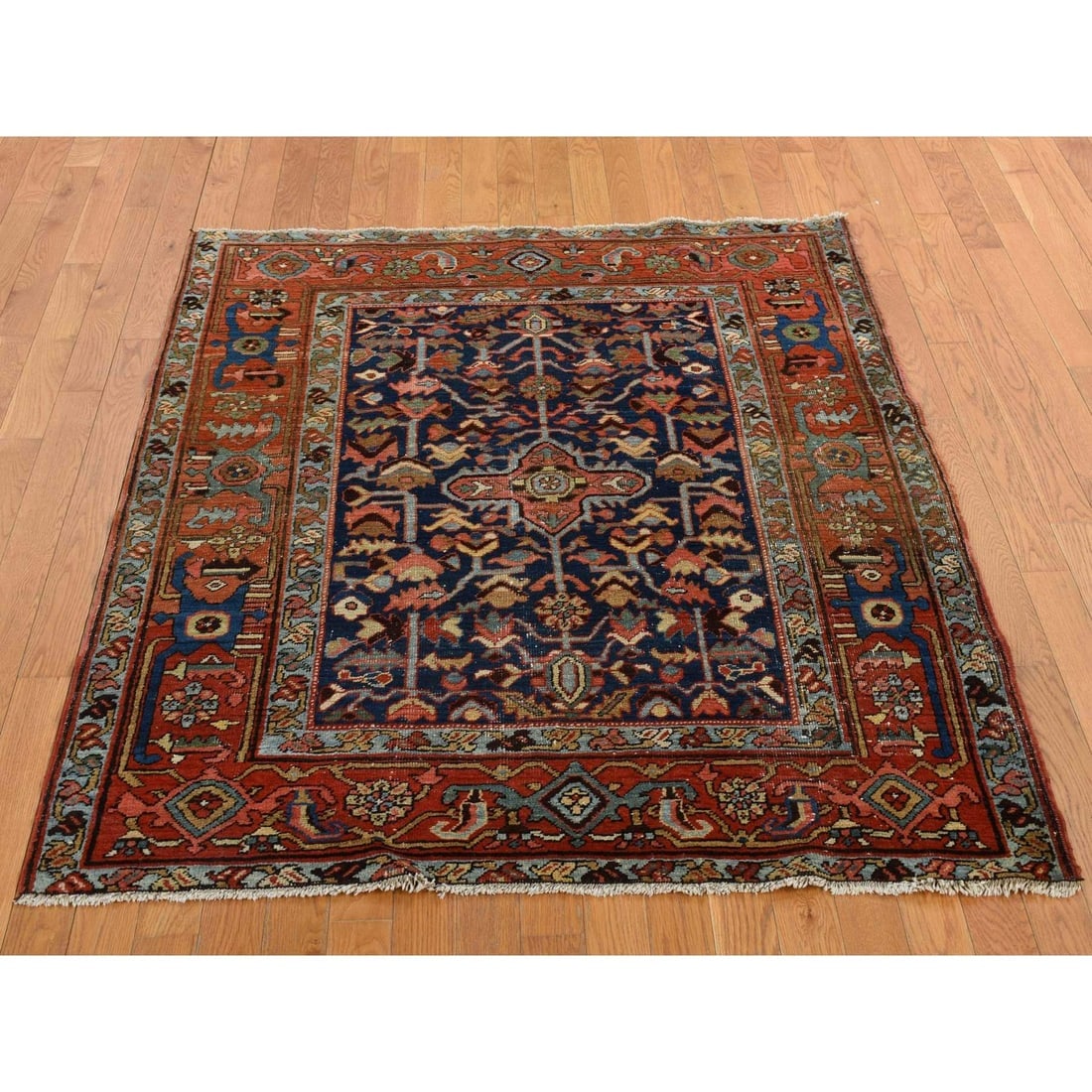 Blue Antique Zoroastrian Heris Wide Serapi Borders Oriental Rug - 2