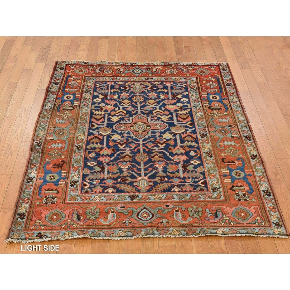 Blue Antique Zoroastrian Heris Wide Serapi Borders Oriental Rug - 3