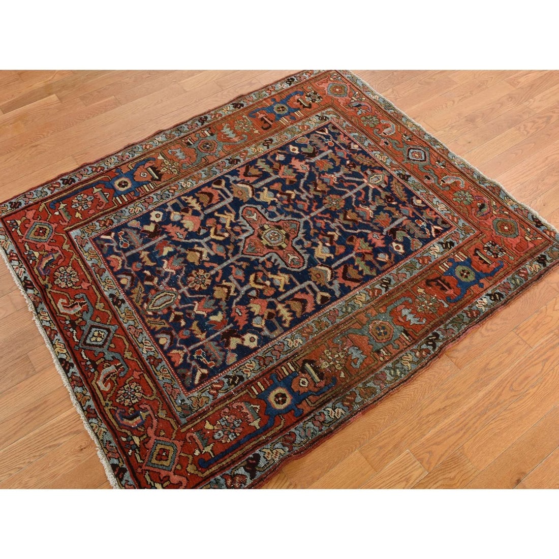 Blue Antique Zoroastrian Heris Wide Serapi Borders Oriental Rug - 4