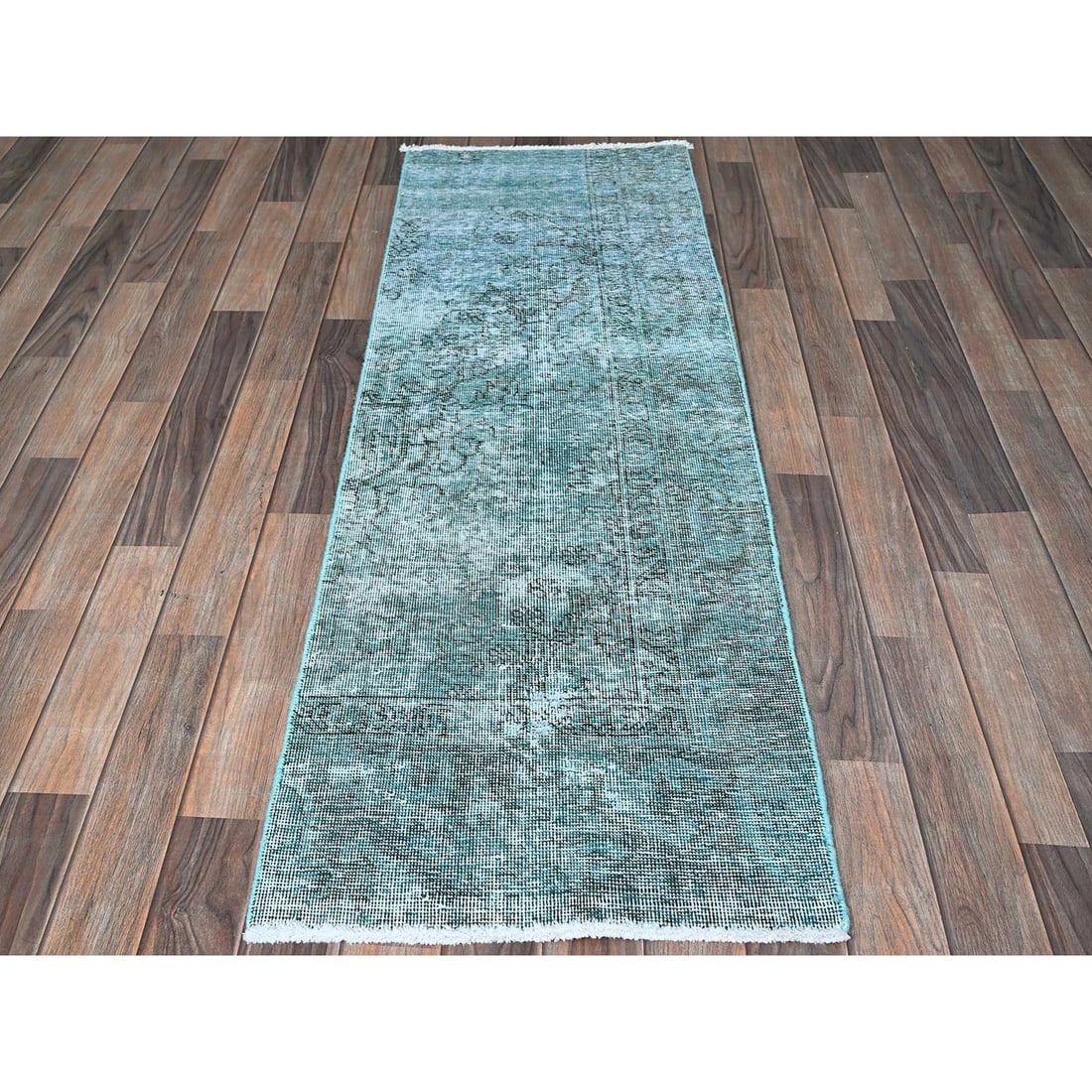 Teal Overdyed Vintage Persian Tabriz Hand Knotted Pure Wool Runner Rug - 2