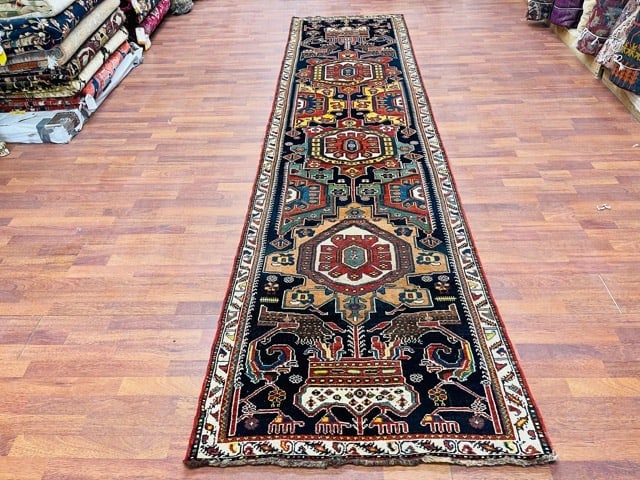 Antique Unusual Crown Bakhtiari Runner-307: Title:Antique Unusual Crown Bakhtiari Runner-307 Description:Beautiful Antique Persian bakhtiari runner with Crown design , from ventral Persian, size 3 ft. 2 inches by 12 ft. 7 inches, circa 1910, ex