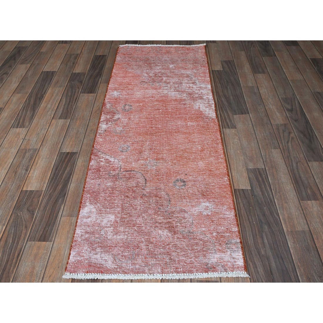 Peach Overdyed Vintage Persian Tabriz Hand Knotted All Wool Runner Rug - 2
