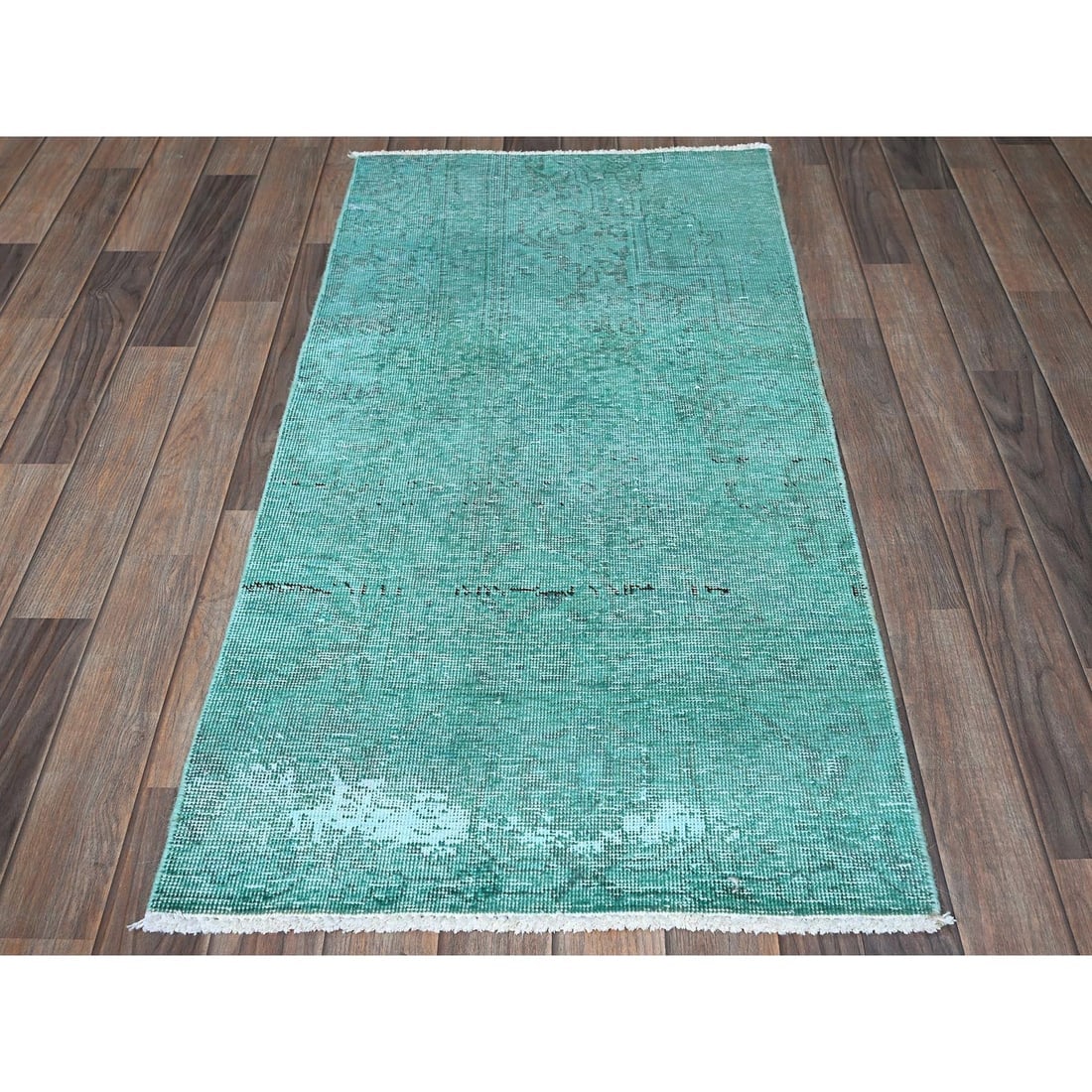 Overdyed Green Vintage Persian Tabriz Hand Knotted All Wool Mat Rug - 2