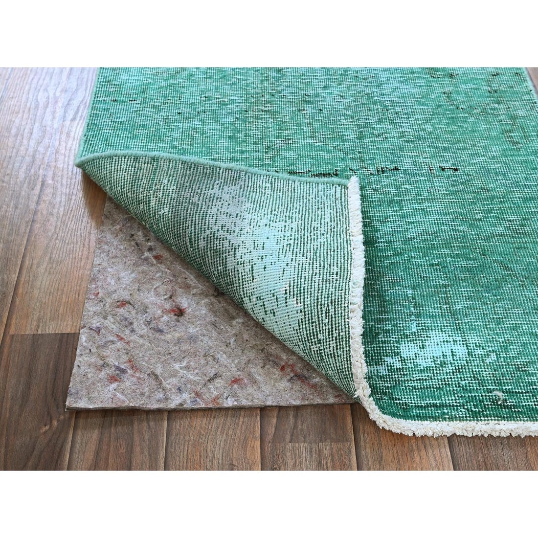 Overdyed Green Vintage Persian Tabriz Hand Knotted All Wool Mat Rug - 3