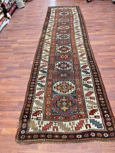 Antique Caucasian Runner-5252: Title:Antique Caucasian Runner-5252 Description:Late 19th century Kazak Caucasian Runner from southwest Caucasus, size 3 ft. 5 inches by 12 ft. 10 inches, excellent condition , complete rug with all o