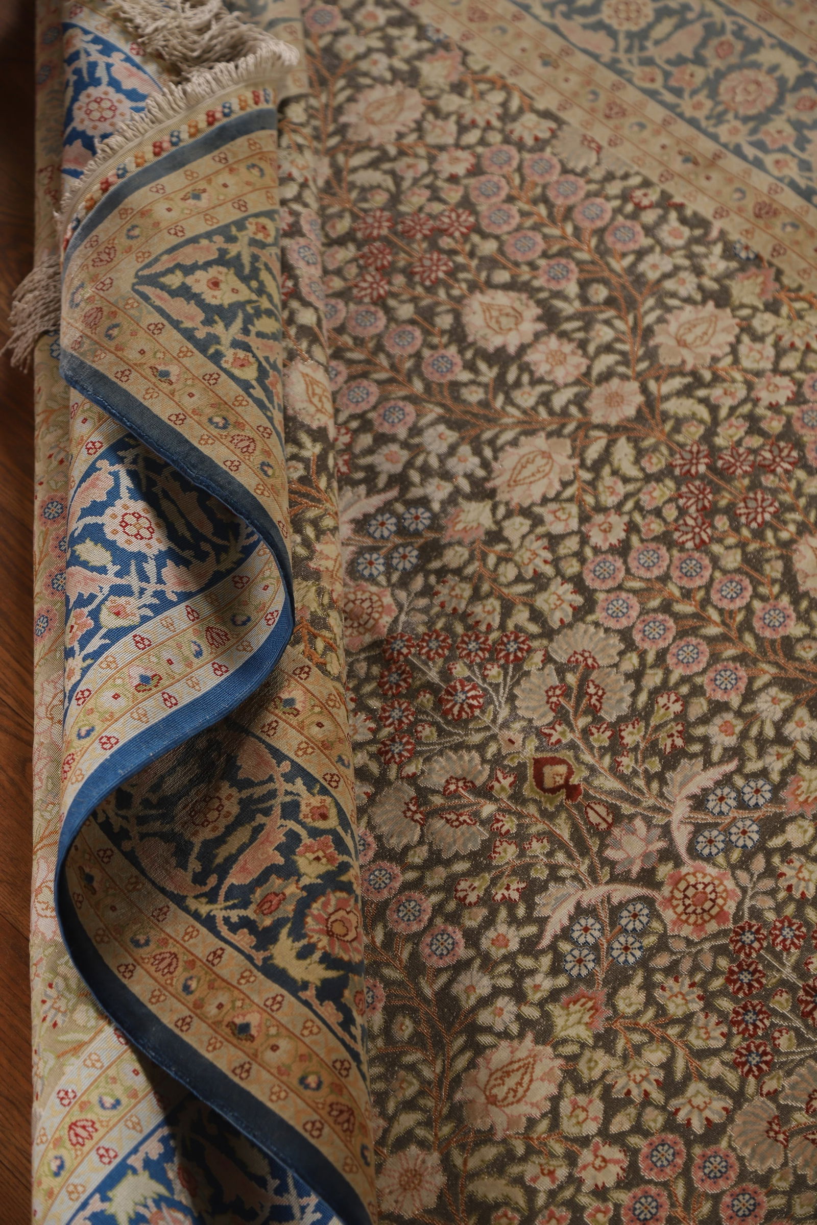 Pre-1900 Antique Silk/ Silver Qum Vegetable Dye Persian Rug 4x6 - 16