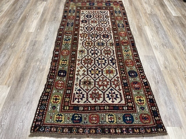 Antique Ivory field Gendje Caucasian Runner-1643: Title:Antique Ivory field Gendje Caucasian Runner-1643 Description:Beautiful antique Gendjeh Caucasian rug from central Caucasus, size 3 ft. inches by 8 ft, circa late 19th century, all over design on