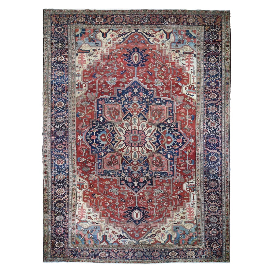 Red, Antique Persian Serapi Heriz, Hand Knotted, Wool, Oversized Rug: Title: Red, Antique Persian Serapi Heriz, Hand Knotted, Wool, Oversized Rug Description:This is a truly genuine one-of-a-kind. It has been Knotted for months and months in the centuries-old weaving cr