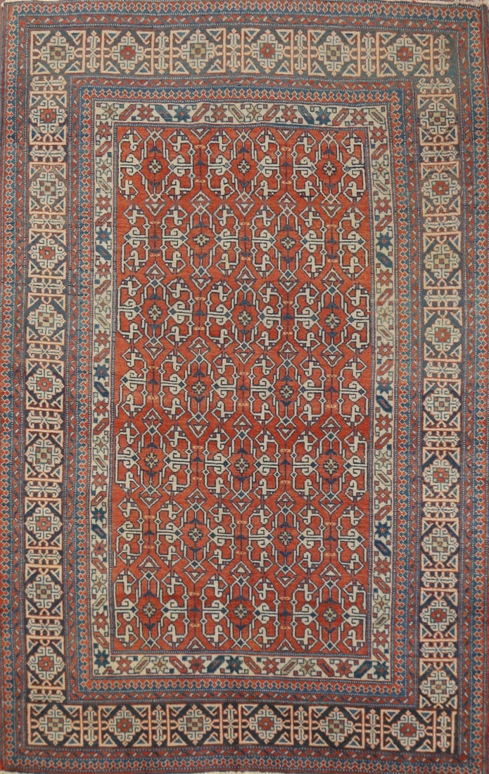 Antique Geometric Kazak Vegetable Dye Rug 4x5: Title: Antique Geometric Kazak Vegetable Dye Rug 4x5 Description:A Beautiful Genuine Russia Kazak rug is Hand Knotted by skillful weavers in Russia with
