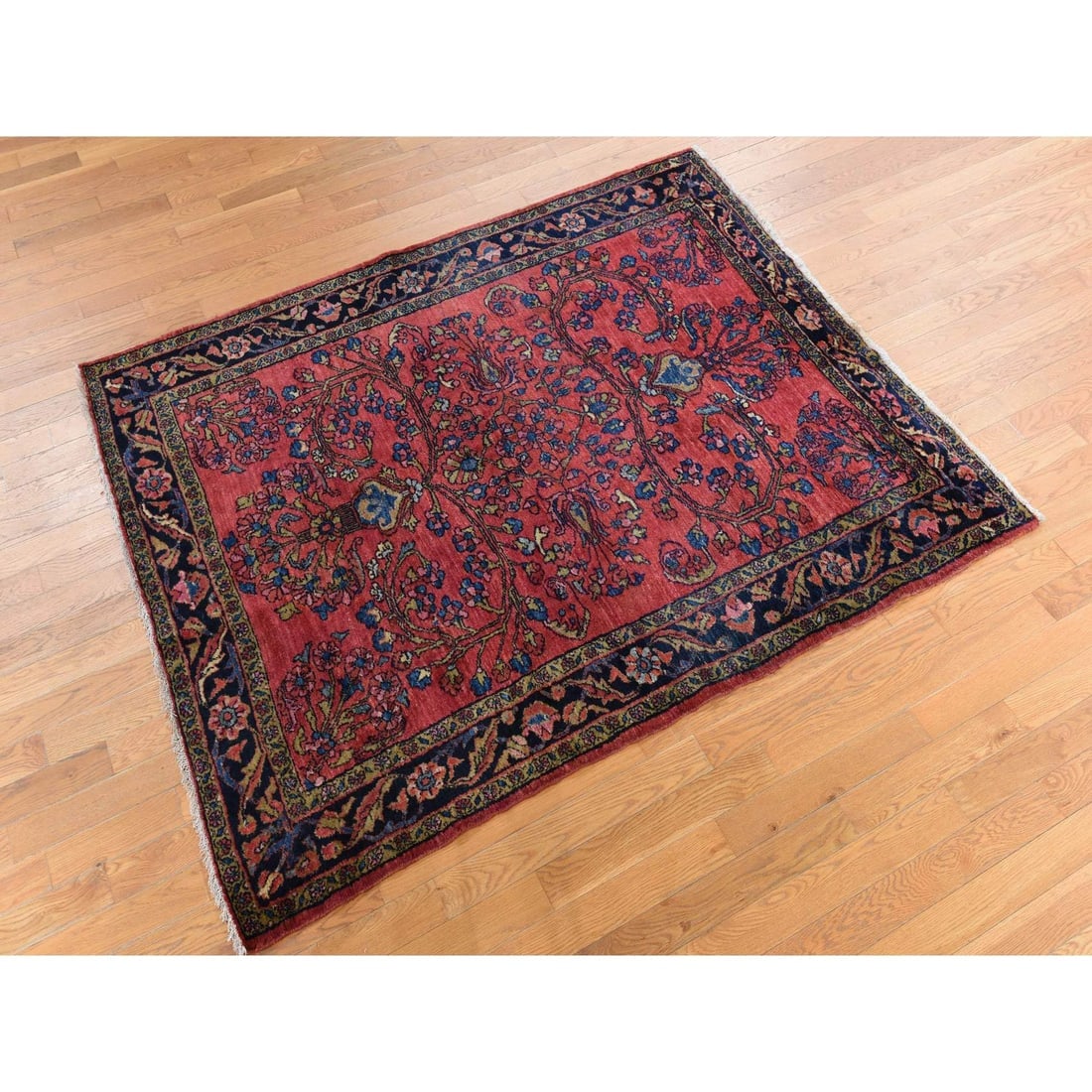 Crimson Red Antique Persian Lilihan Clean Hand Knotted Pure Wool Rug - 4