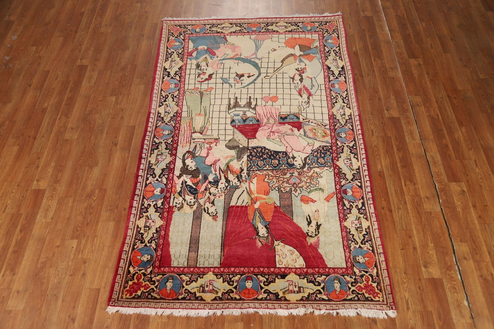 Pre-1900 Antique Wool Pictorial Kashan Persian Rug 4x7 - 18