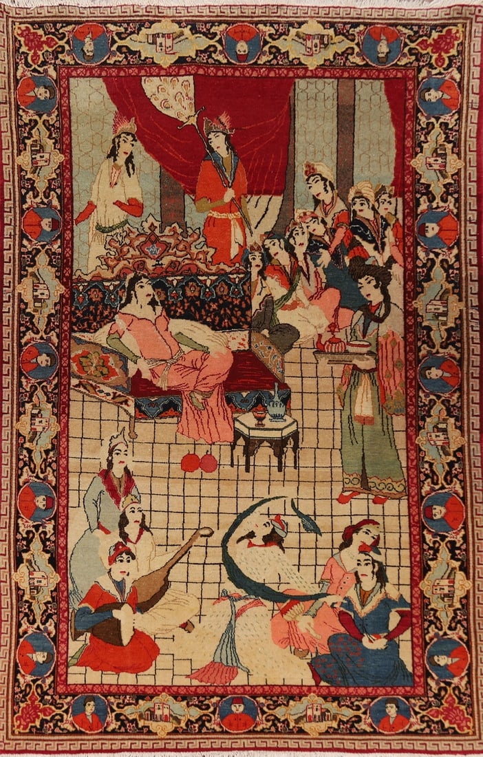 Pre-1900 Antique Wool Pictorial Kashan Persian Rug 4x7: Title: Pre-1900 Antique Wool Pictorial Kashan Persian Rug 4x7 Description:A Beautiful Genuine Iran ( Persia ) Kashan rug is Hand Knotted by skillful weavers in Iran ( Persia ) with