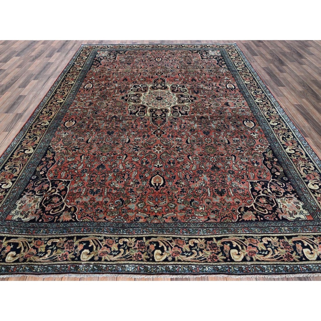 Blush Red Antique Persian Bijar Full Pile Hand Knotted Soft Wool Rug - 2
