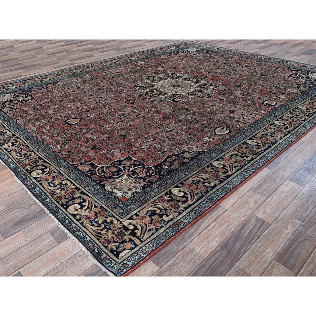 Blush Red Antique Persian Bijar Full Pile Hand Knotted Soft Wool Rug - 3