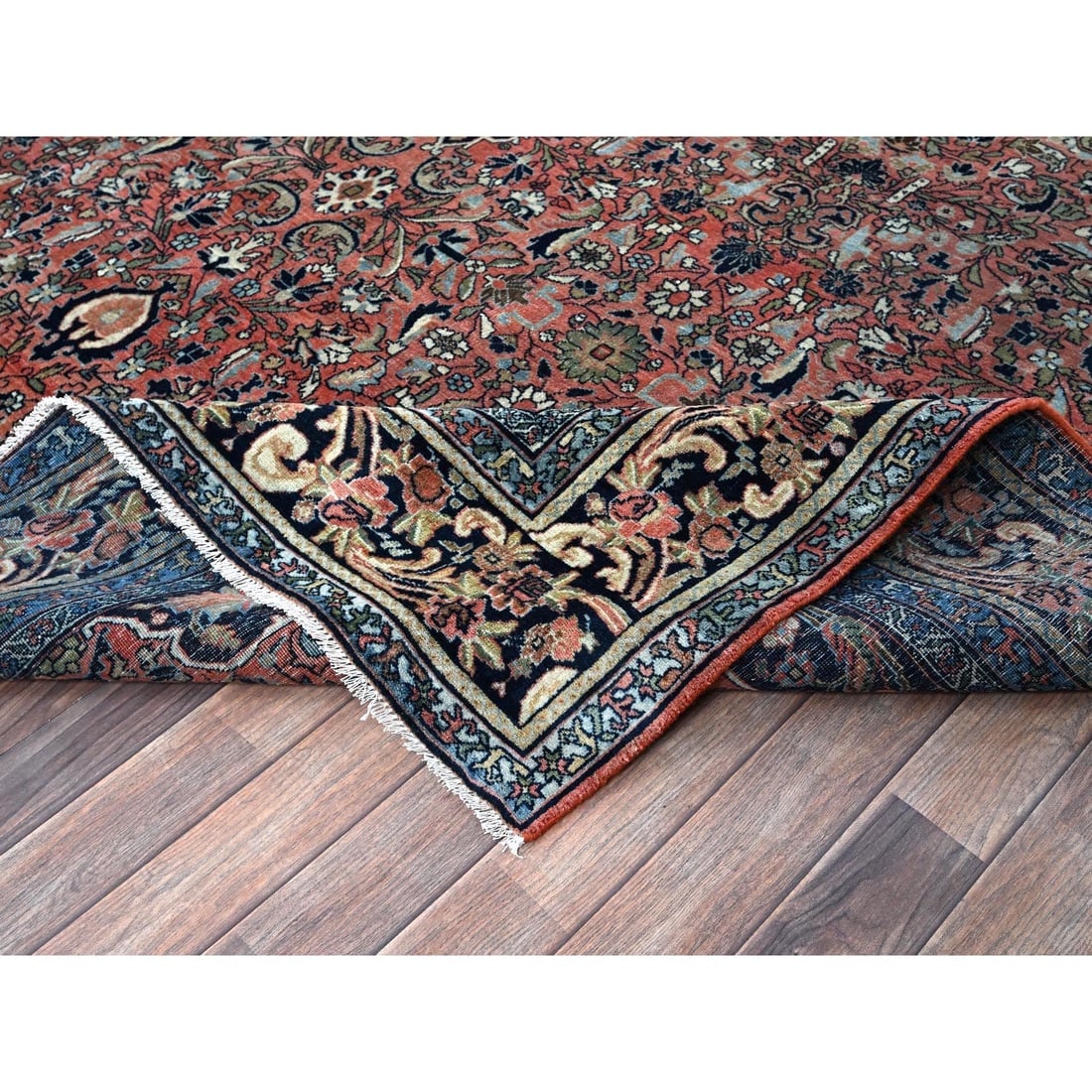 Blush Red Antique Persian Bijar Full Pile Hand Knotted Soft Wool Rug - 6