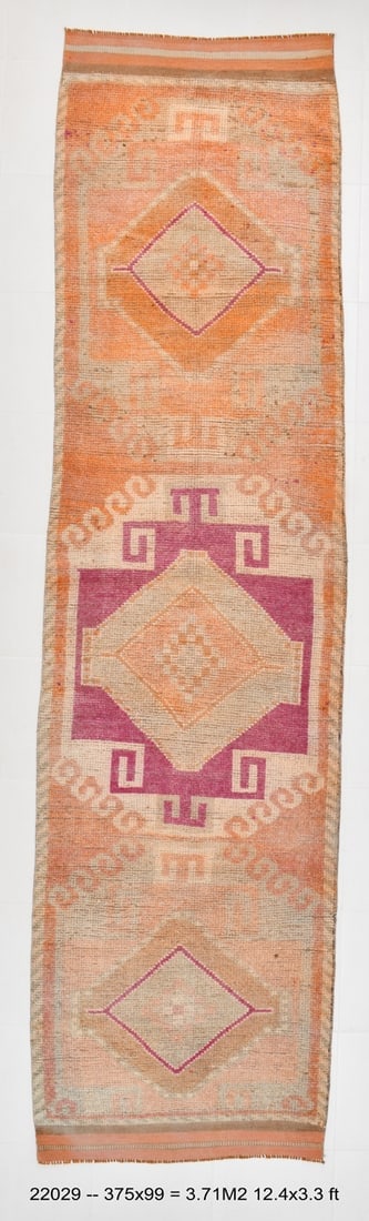 3'2'' x 12'3'' Vintage Wool Runner Rug - 22029: Title: 3'2'' x 12'3'' Vintage Wool Runner Rug - 22029 Description:3'2'' x 12'3'' Vintage Wool Runner Rug - 22029 Origin:Turkiye Date/Period:1960-90 Materials:Wool,Cotton Dimension:3'2''x12'3'' ft, 99x