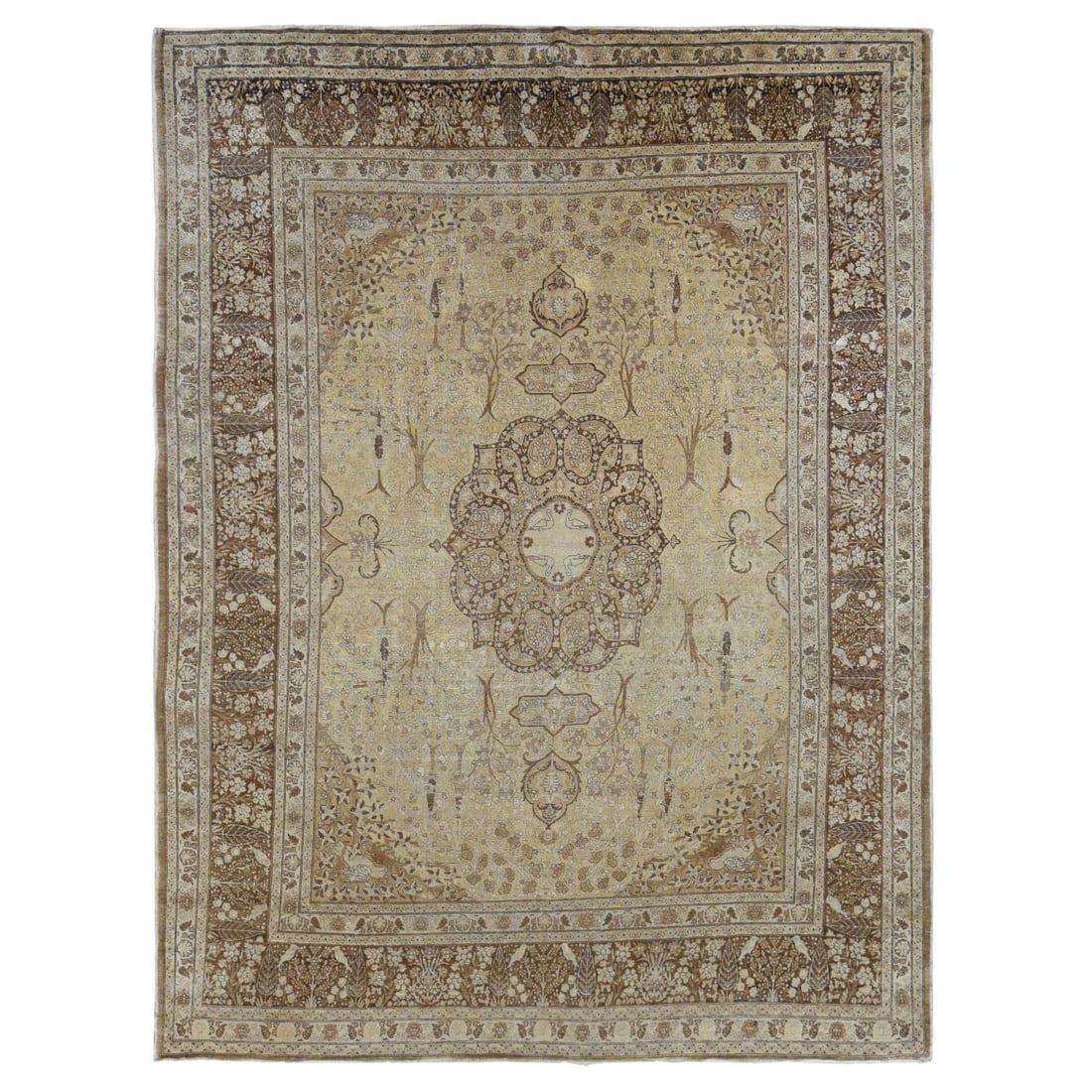 Brown, Antique Persian Tabriz Design, Pure Wool Hand Knotted Rug: Title: Brown, Antique Persian Tabriz Design, Pure Wool Hand Knotted Rug Description:This is a truly genuine one-of-a-kind. It has been Knotted for months and months in the centuries-old weaving crafts