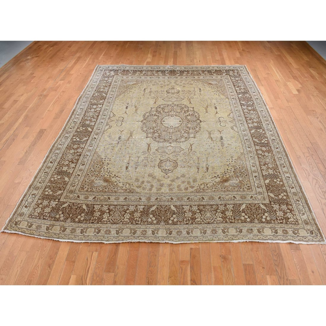 Brown, Antique Persian Tabriz Design, Pure Wool Hand Knotted Rug - 2