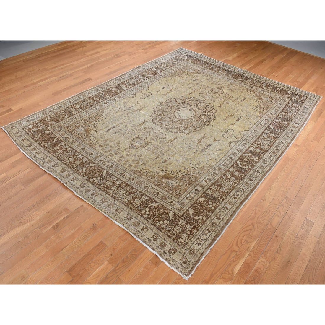 Brown, Antique Persian Tabriz Design, Pure Wool Hand Knotted Rug - 3