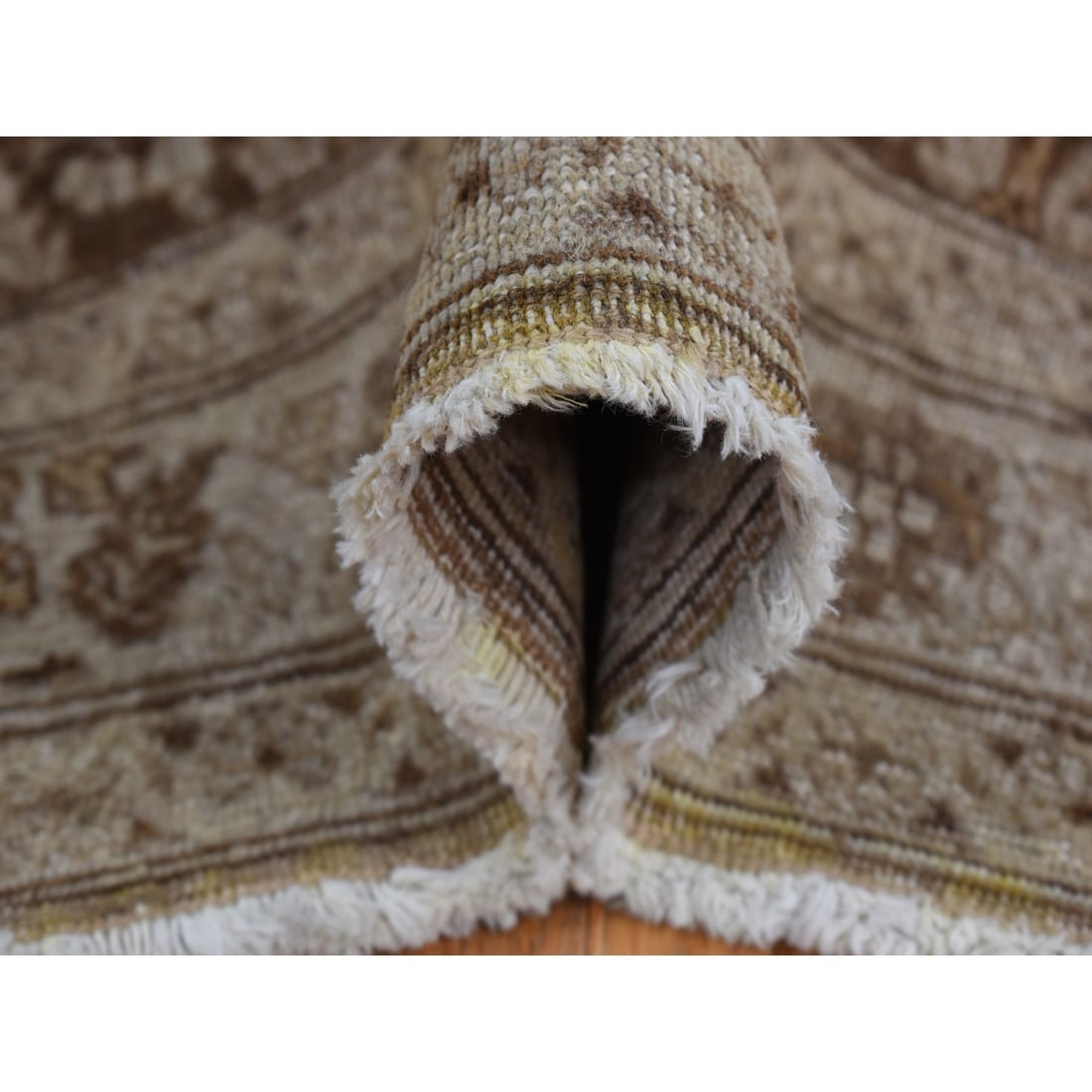 Brown, Antique Persian Tabriz Design, Pure Wool Hand Knotted Rug - 6