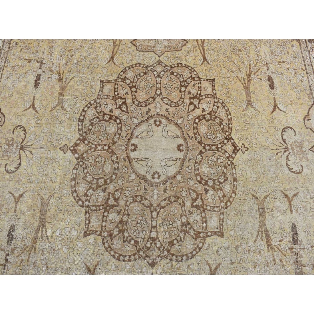 Brown, Antique Persian Tabriz Design, Pure Wool Hand Knotted Rug - 8