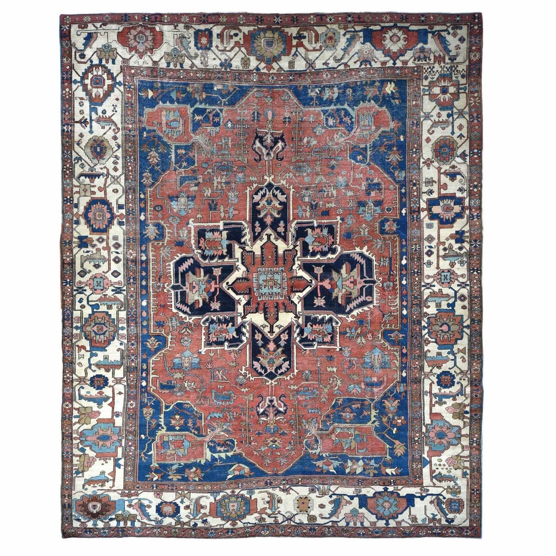 Red, Antique Persian Serapi Heriz, Wool, Hand Knotted, Oversized Rug: Title: Red, Antique Persian Serapi Heriz, Wool, Hand Knotted, Oversized Rug Description:This is a truly genuine one-of-a-kind. It has been Knotted for months and months in the centuries-old weaving cr