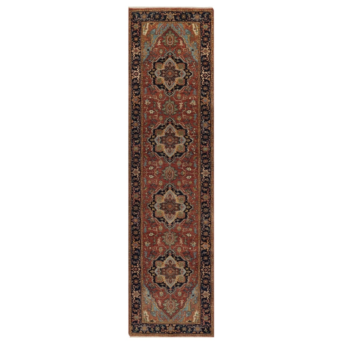 Brick Red Antiqued Fine Heriz Re-Creation Hand Knotted Wool Runner Rug: Title: Brick Red Antiqued Fine Heriz Re-Creation Hand Knotted Wool Runner Rug Description:This is a truly genuine one-of-a-kind. It has been Knotted for months and months in the centuries-old weaving